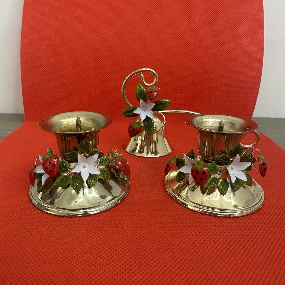 3 Piece Vintage George Good candle holders & snuffer Strawberry Enamel Gold Tone